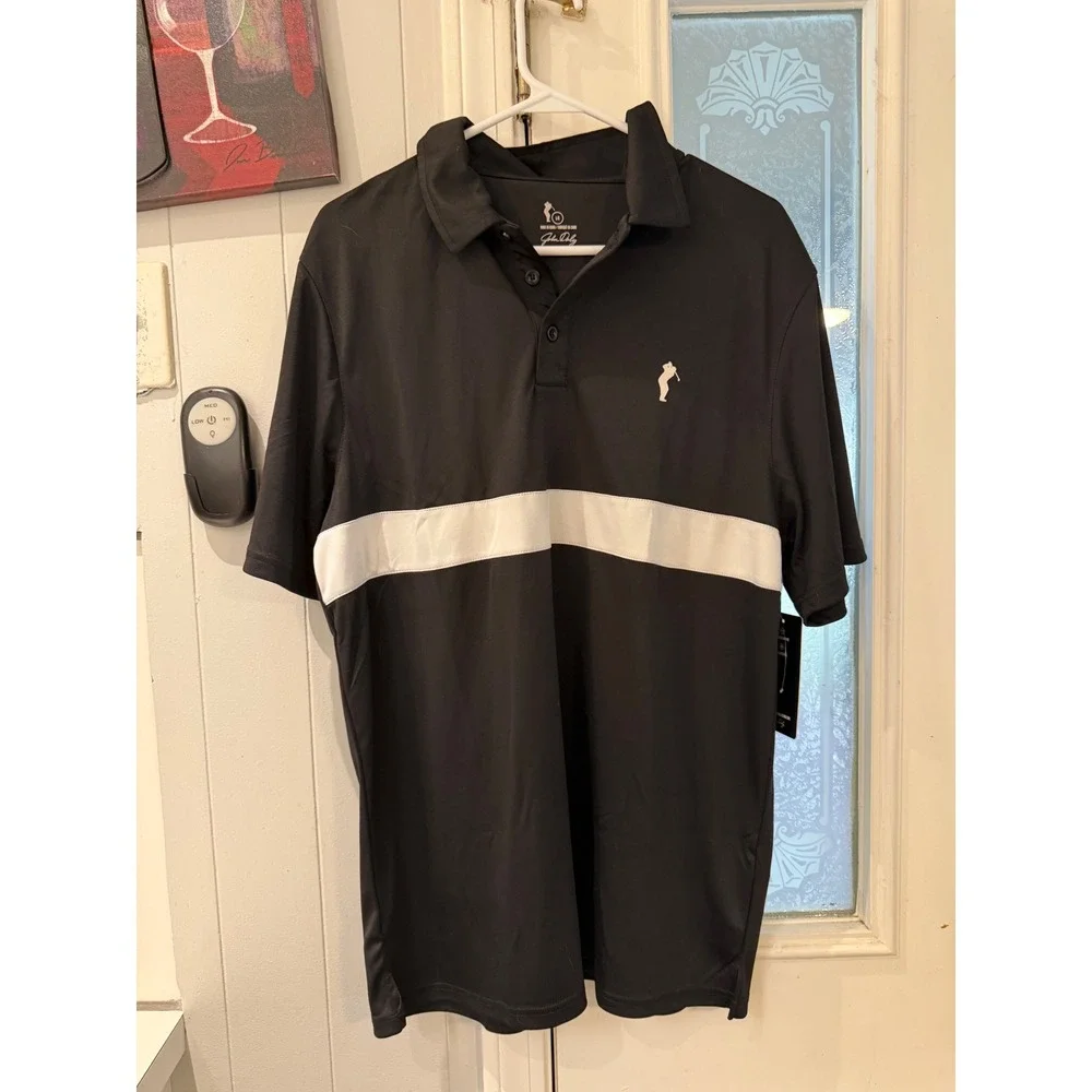 John Daly Mens Golf Polo Shirt Black White Stripe Performance Short Sleeve L NWT